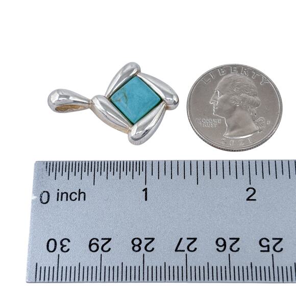 Estate Sterling Silver 925 Turquoise-Color Magnesite Square Pendant - Picture 7 of 8